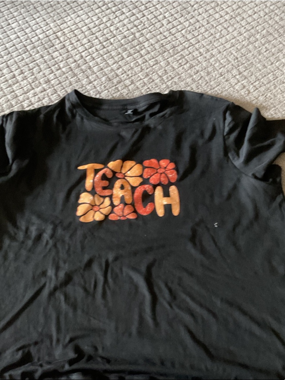SHEIN Black Short Sleeve Tee with Orange & Red Floral 'TEACH' Graphic
